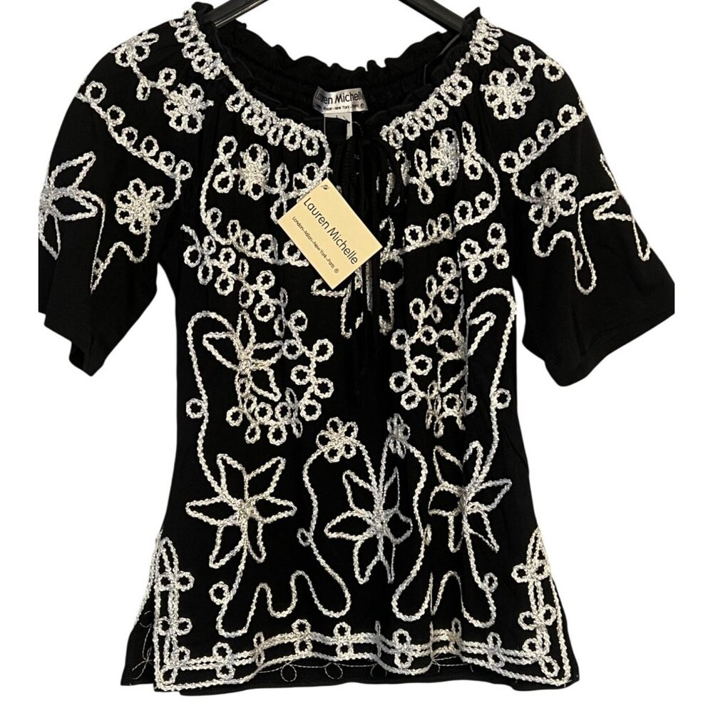 NWT Lauren Michelle L Black & White Front/Back Embroidered Short Sleeve Y2K
